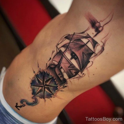 Wonderful Compass And Ship Tattoo On rib-TB1099