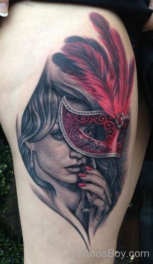 Wonderful Venetian Mask Tattoo On Thigh-TB1149