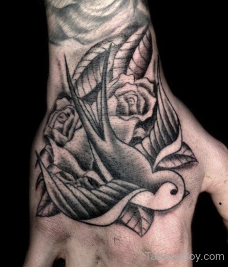 Black And Grey Swallow Tattoo On Hand-TB1411