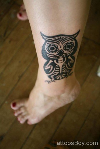 Black Owl Tattoo On Leg