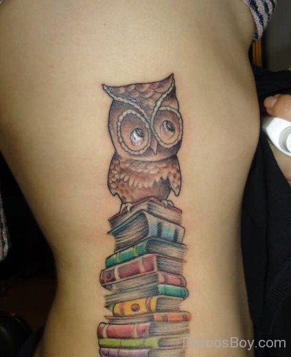 Books And Owl Tattoo On Rib-TB1024
