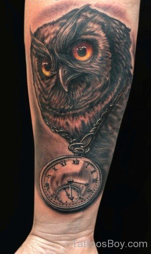 Clock And Owl Tattoo On Arm-TB1032