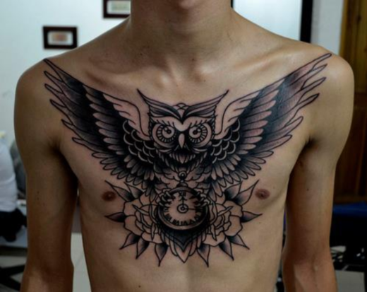 Clock And Owl Tattoo On Chest-TB1033