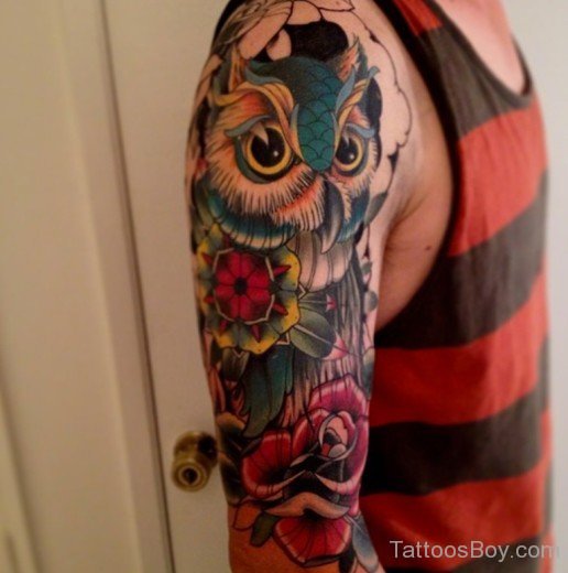 Colored Owl Tattoo Design On Half Sleeve-TB1042