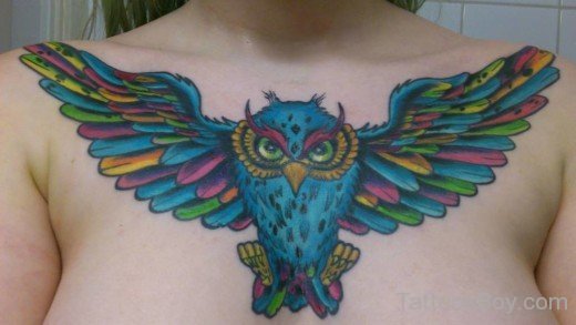Colored Owl Tattoo On Chest-TB14017