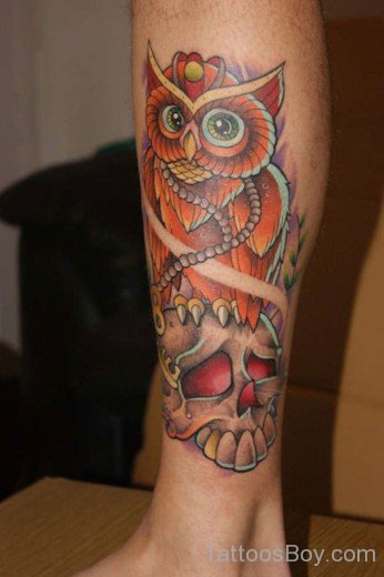 Colored Owl Tattoo On Leg