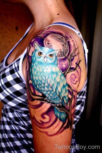 Colored Owl Tattoo On Shoulder-TB1047