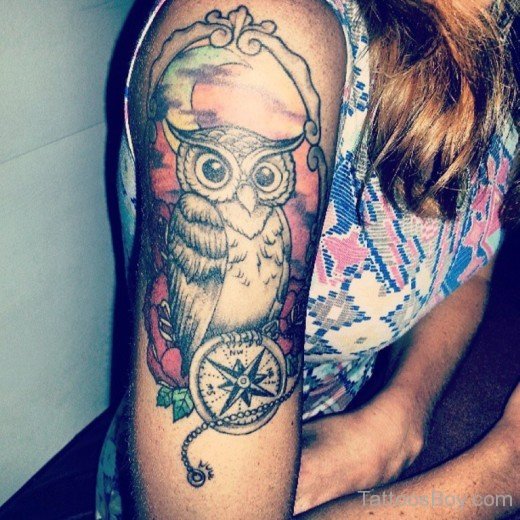 Compass And Owl Tattoo On Bicep-TB1053