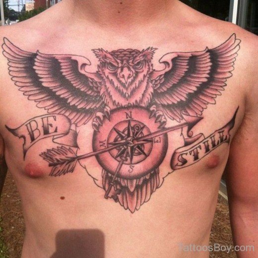 Compass And Owl Tattoo On Chest-TB14021