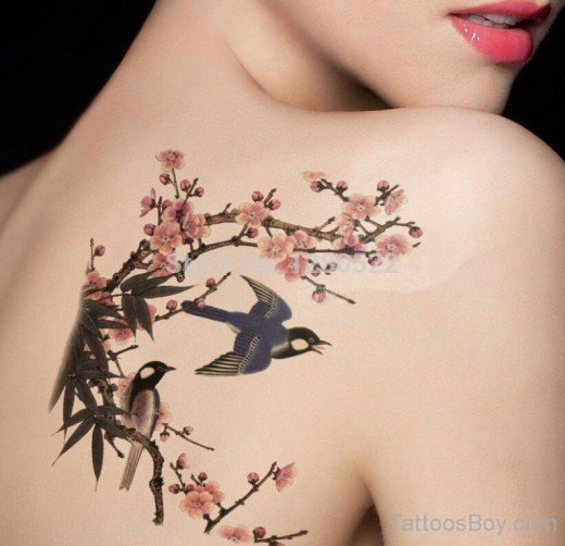 Flower And Swallow Tattoo On Back-TB1427