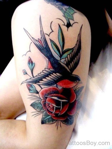 Flower And Swallow Tattoo On Thigh-TB1428