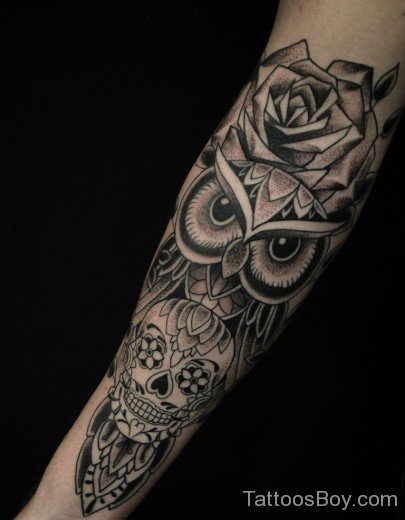 Grey Owl And Skull Tattoo