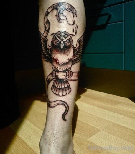 Owl And Snake Tattoo On Leg
