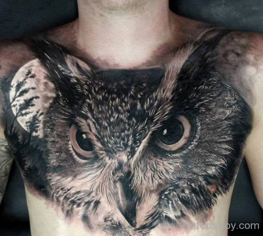 Owl Face Tattoo On Chest