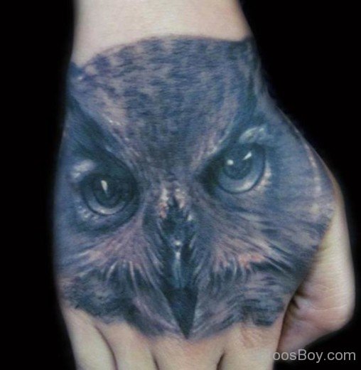 Owl Face Tattoo On Hand