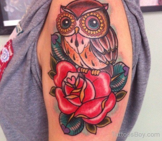 Red Flower And Owl Tattoo