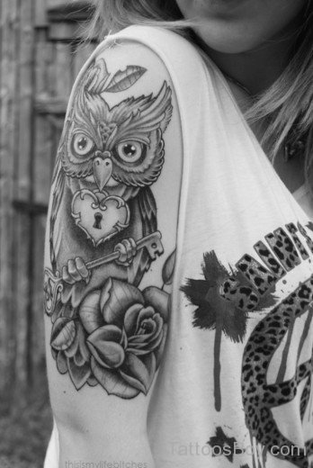 Rose And Owl Tattoo On Bicep-TB1159