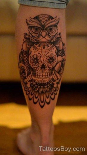 Skull And Owl Tattoo On Leg '-TB1166