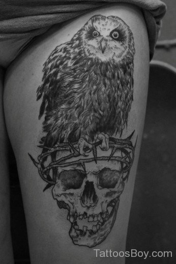Skull And Owl Tattoo On Thigh-TB14085