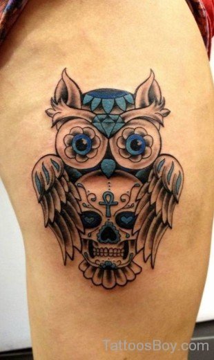 Skull Owl Tattoo On Thigh