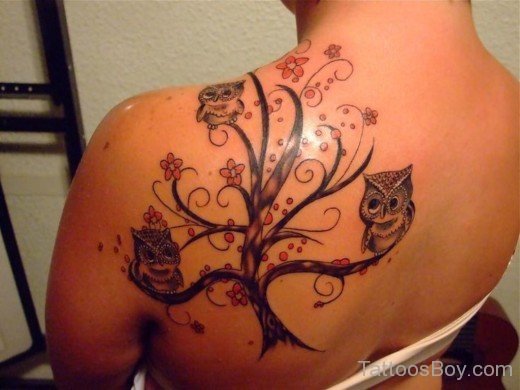 Tree And Owl Tattoo On Back-TB14093