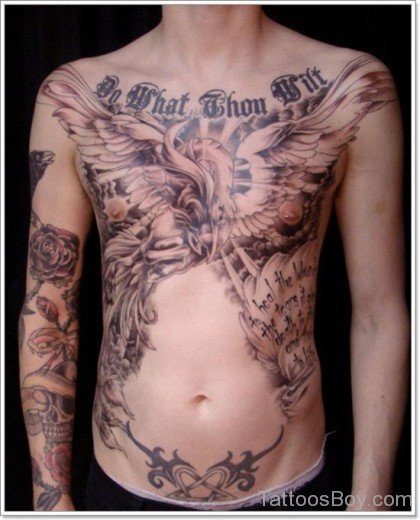 Wording And Phoenix Tattoo On Chest-TB1120